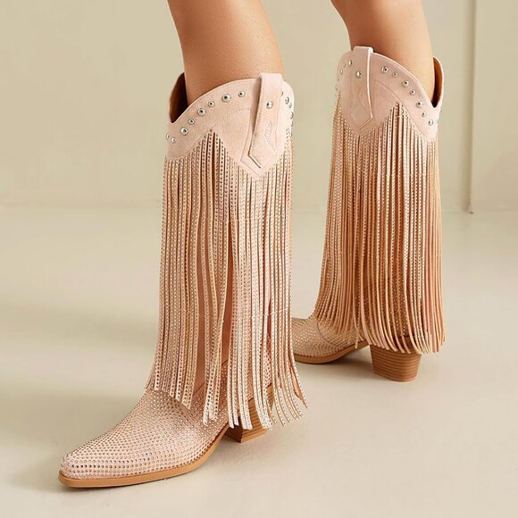 Pink Rhinestone Fringe Cowgirl Boots Women Pointed Toe Western Mid Calf Shoes - Picture 6 of 6